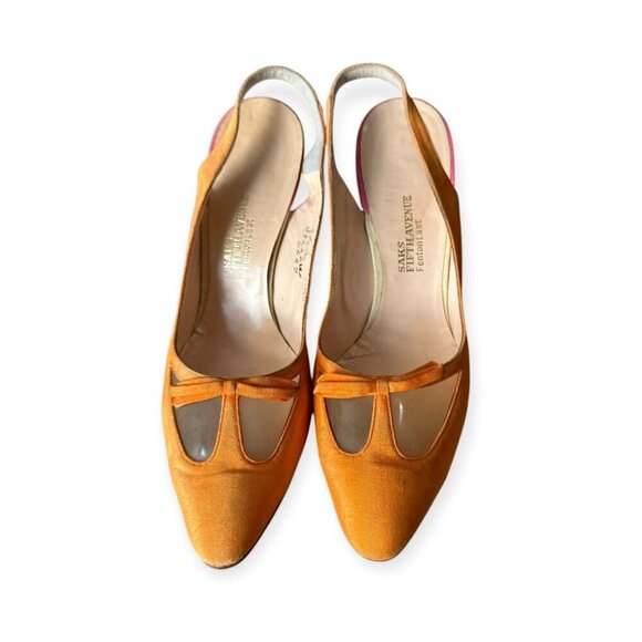 Vintage Saks Fifth Avenue Slingback Heels | Orange Pink Satin | Clear Vinyl Inse - Picture 11 of 14